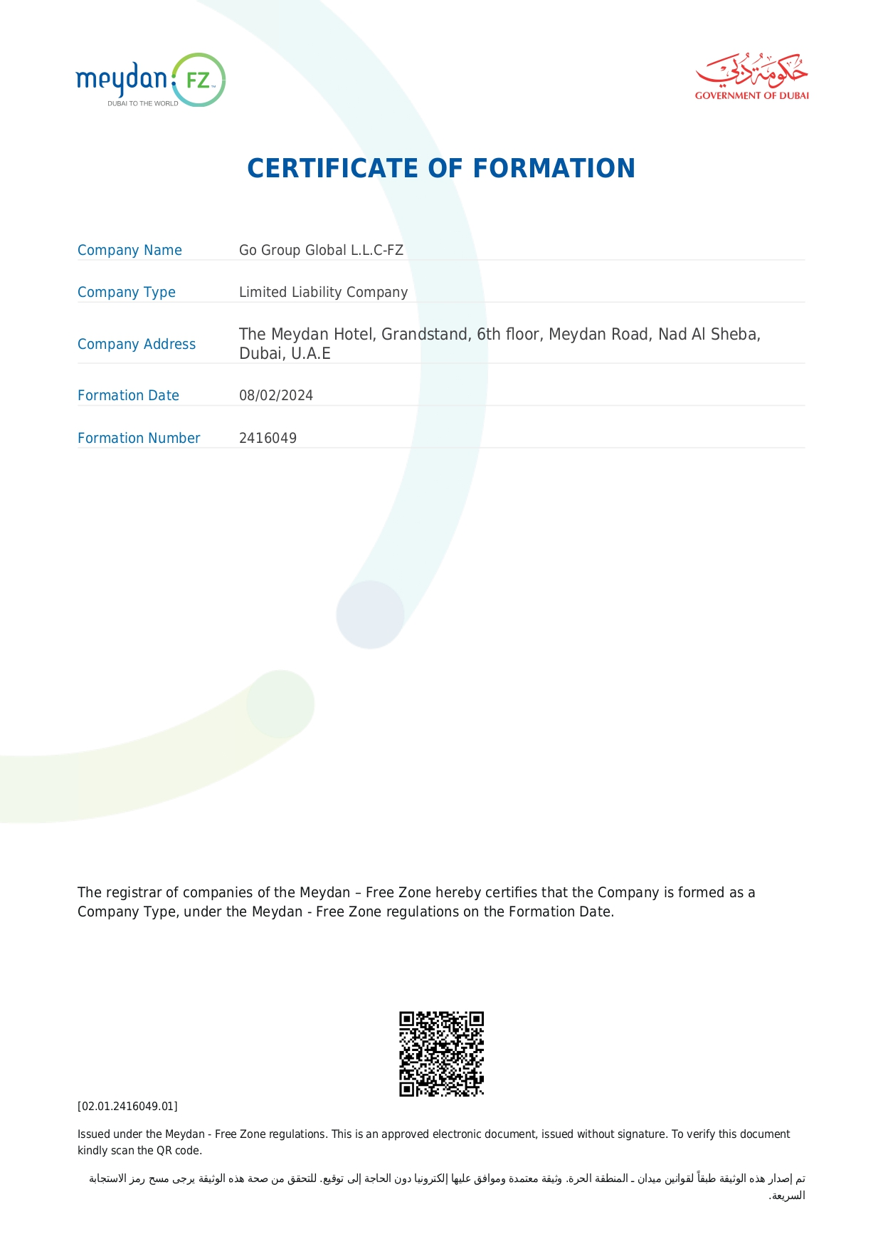 Certificate of Formation — Meydan Free Zone — Government of Dubai